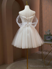 Off the Shoulder Champagne Tulle Prom Dress, Short Formal Homecoming Dress