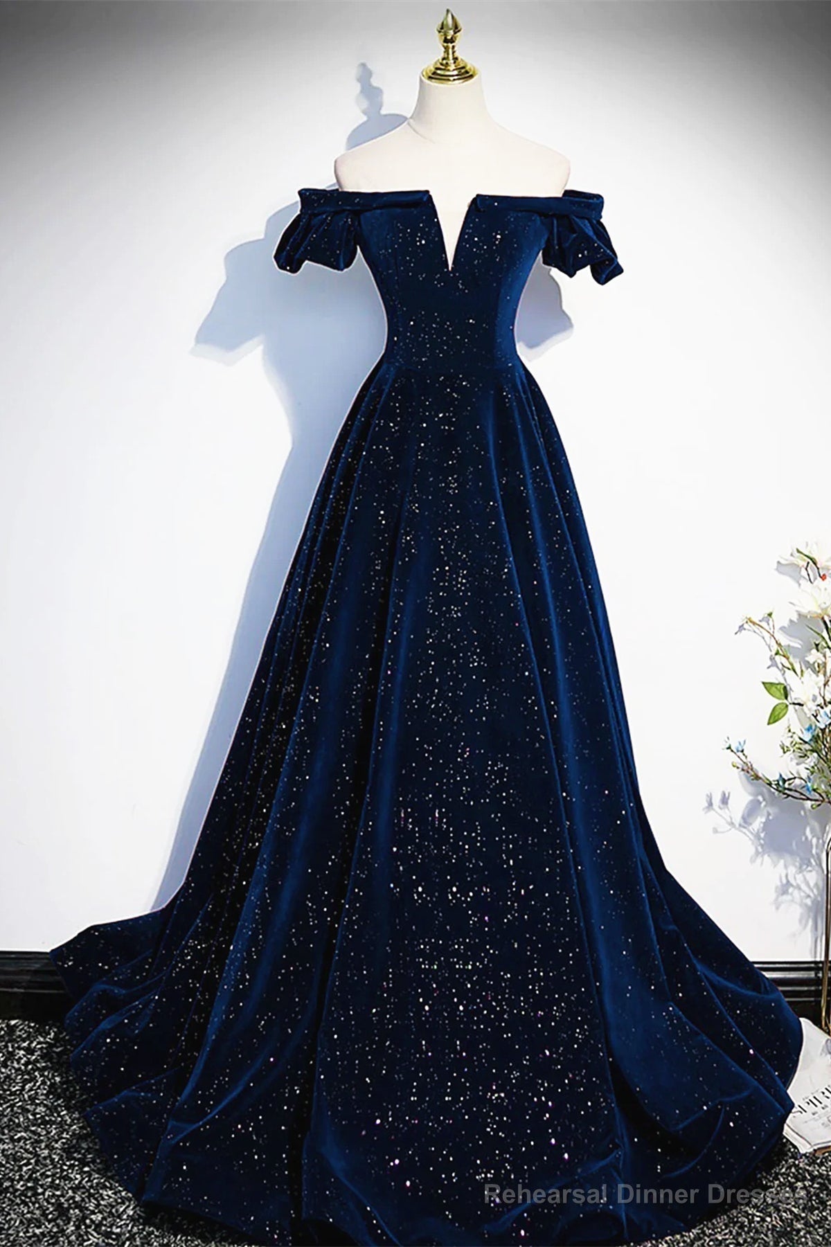 Off the Shoulder Dark Navy Blue Long Prom Dresses, Dark Navy Blue Long Formal Evening Dresses Main image