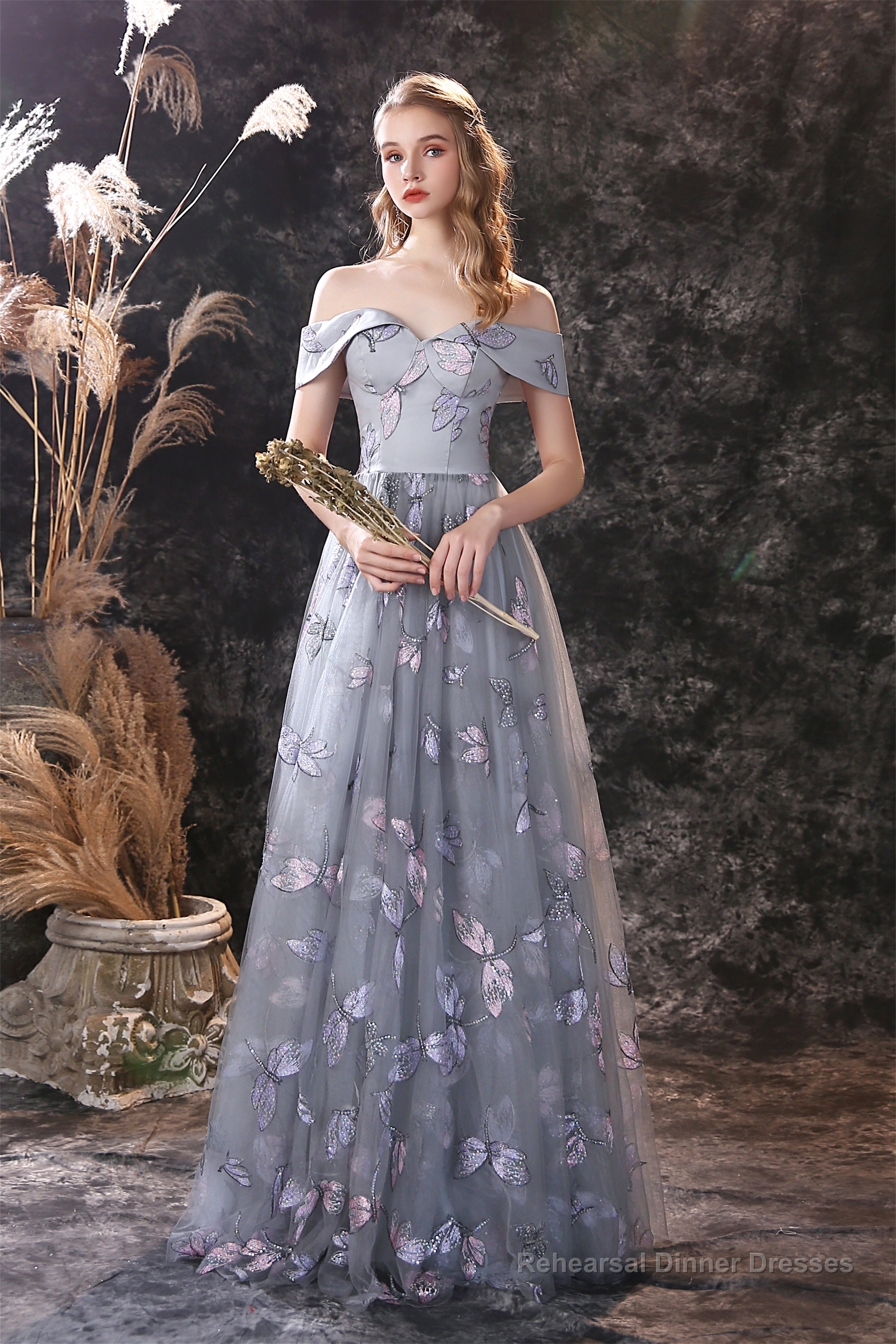 Off The Shoulder Dragonfly Lace Long Prom Dresses Main image