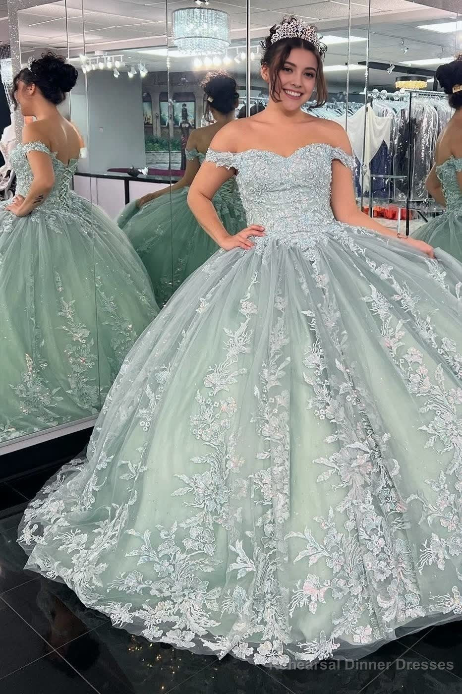 Off-the-Shoulder Dusty Sage Appliques With Lace Up Quinceanera Dress Secondary image