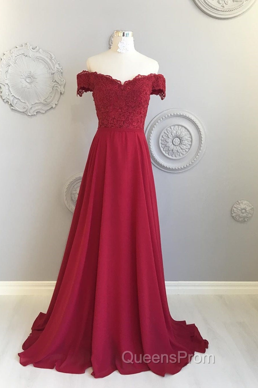 Off The Shoulder Floor Length Burgundy Lace Evening Prom Dress, Burgundy Off Shoulder Lace Bridesmaid Dress Secondary image