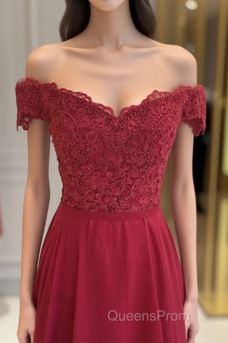 Off The Shoulder Floor Length Burgundy Lace Evening Prom Dress, Burgundy Off Shoulder Lace Bridesmaid Dress Main image