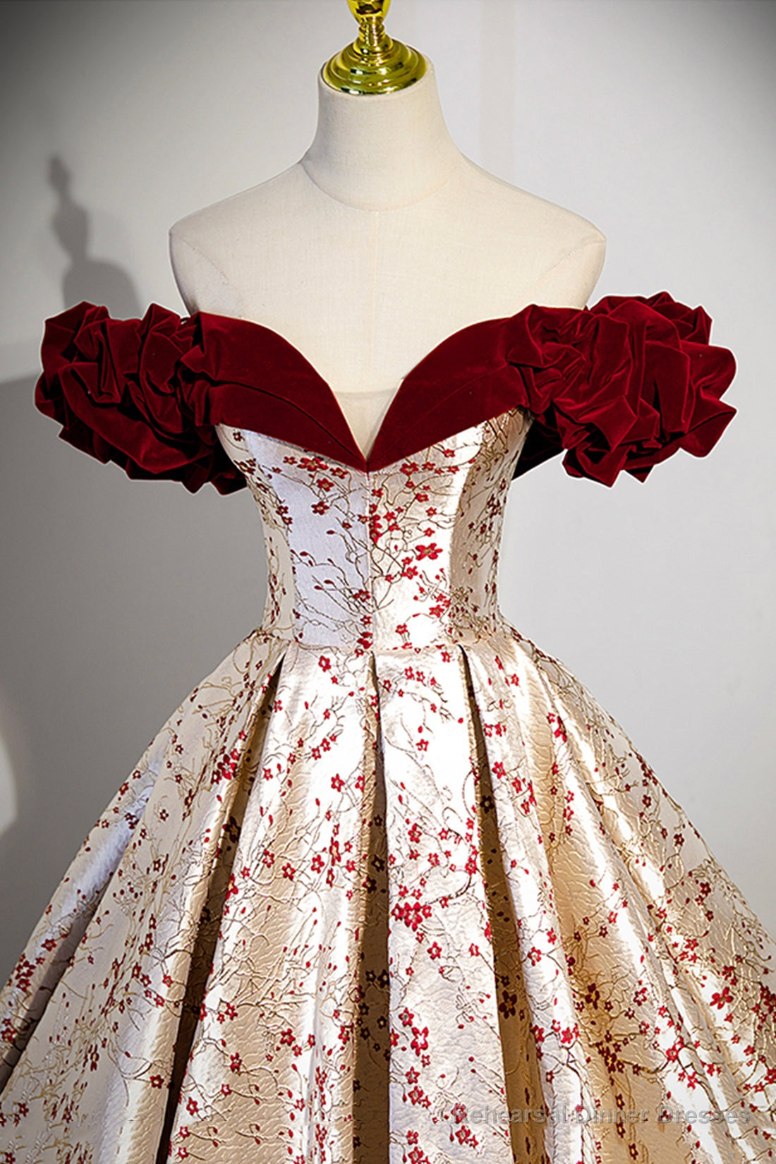 Off the Shoulder Floral Satin Long Prom Dress, Cute A-Line Evening Dress with Velvet Secondary image