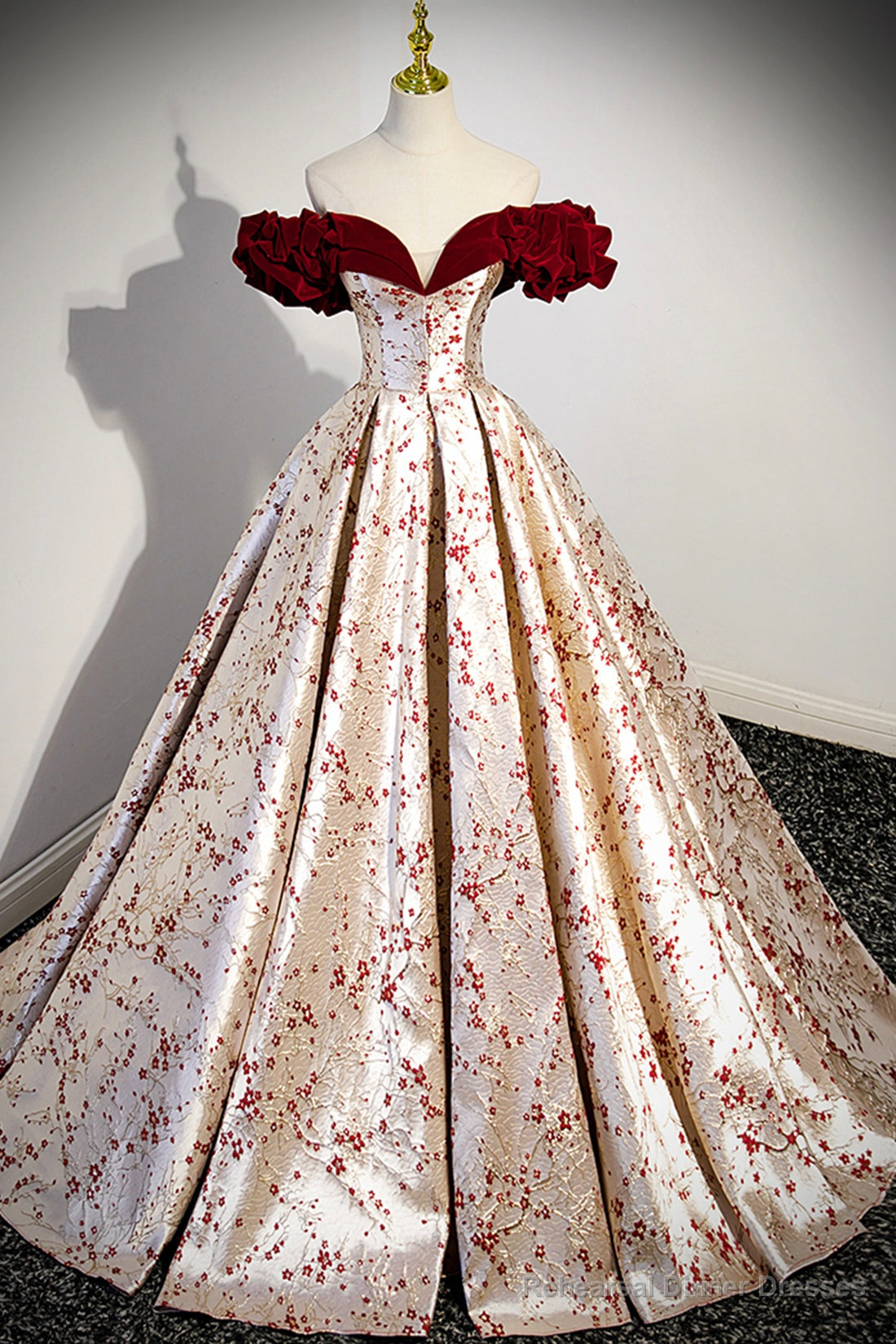 Off the Shoulder Floral Satin Long Prom Dress, Cute A-Line Evening Dress with Velvet Main image