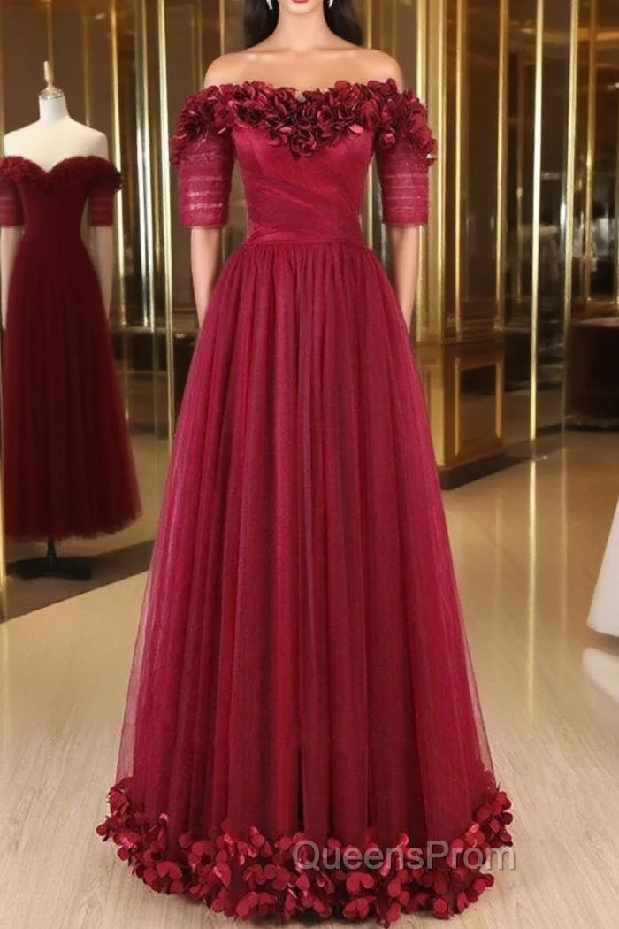 Off The Shoulder Flowers Burgundy Tulle Long Evening Prom Dress Main image