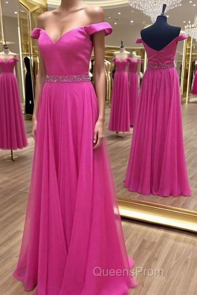 Off the Shoulder Fuchsia Long Evening Prom Dress with Belt, Off Shoulder Fuchsia Formal Evening Dress Main image