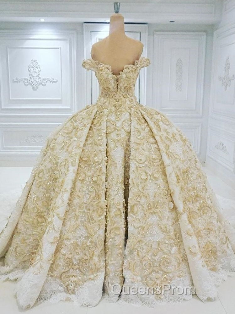 Off the shoulder Golden Lace Appliques Formal Ball Gown Wedding Dress Secondary image
