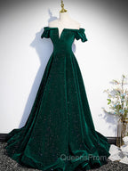 Off The Shoulder Green Black Long Evening Prom Dress, Off Shoulder Green Black Formal Evening Dress
