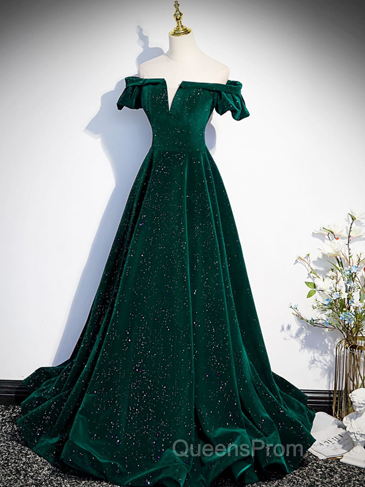 Off The Shoulder Green Black Long Evening Prom Dress, Off Shoulder Green Black Formal Evening Dress