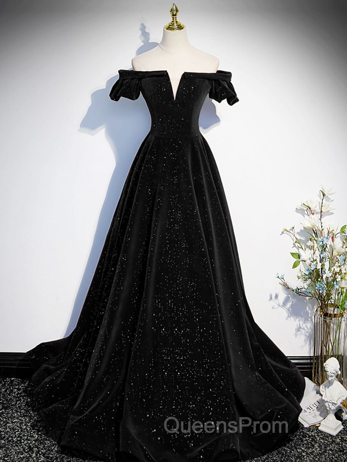 Off The Shoulder Green Black Long Evening Prom Dress, Off Shoulder Green Black Formal Evening Dress
