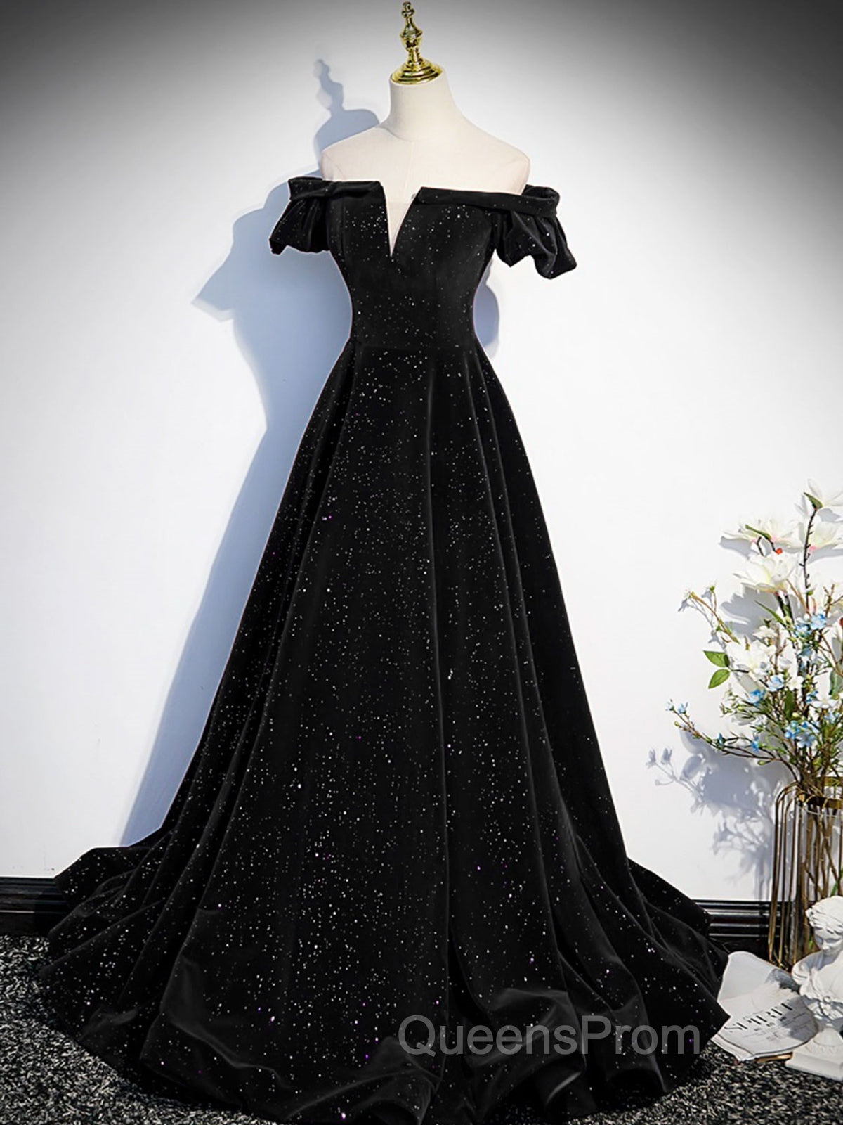 Off The Shoulder Green Black Long Evening Prom Dress, Off Shoulder Green Black Formal Evening Dress