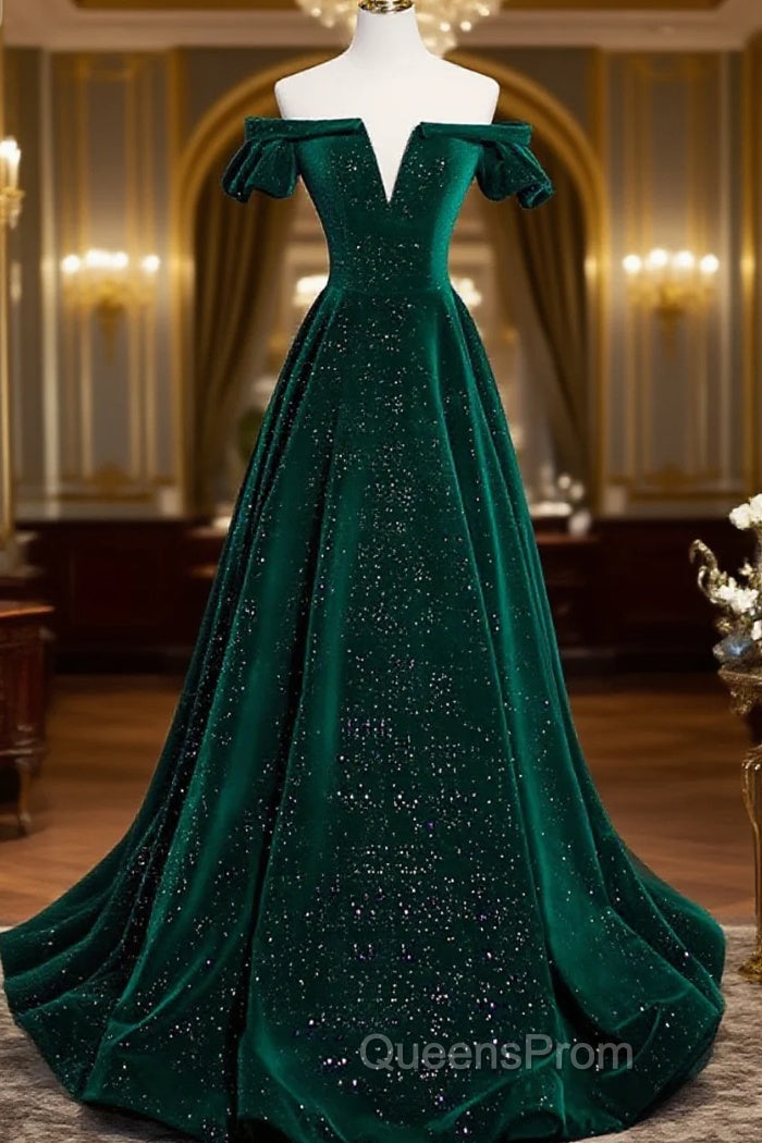 Off The Shoulder Green Black Long Evening Prom Dress, Off Shoulder Green Black Formal Evening Dress Main image