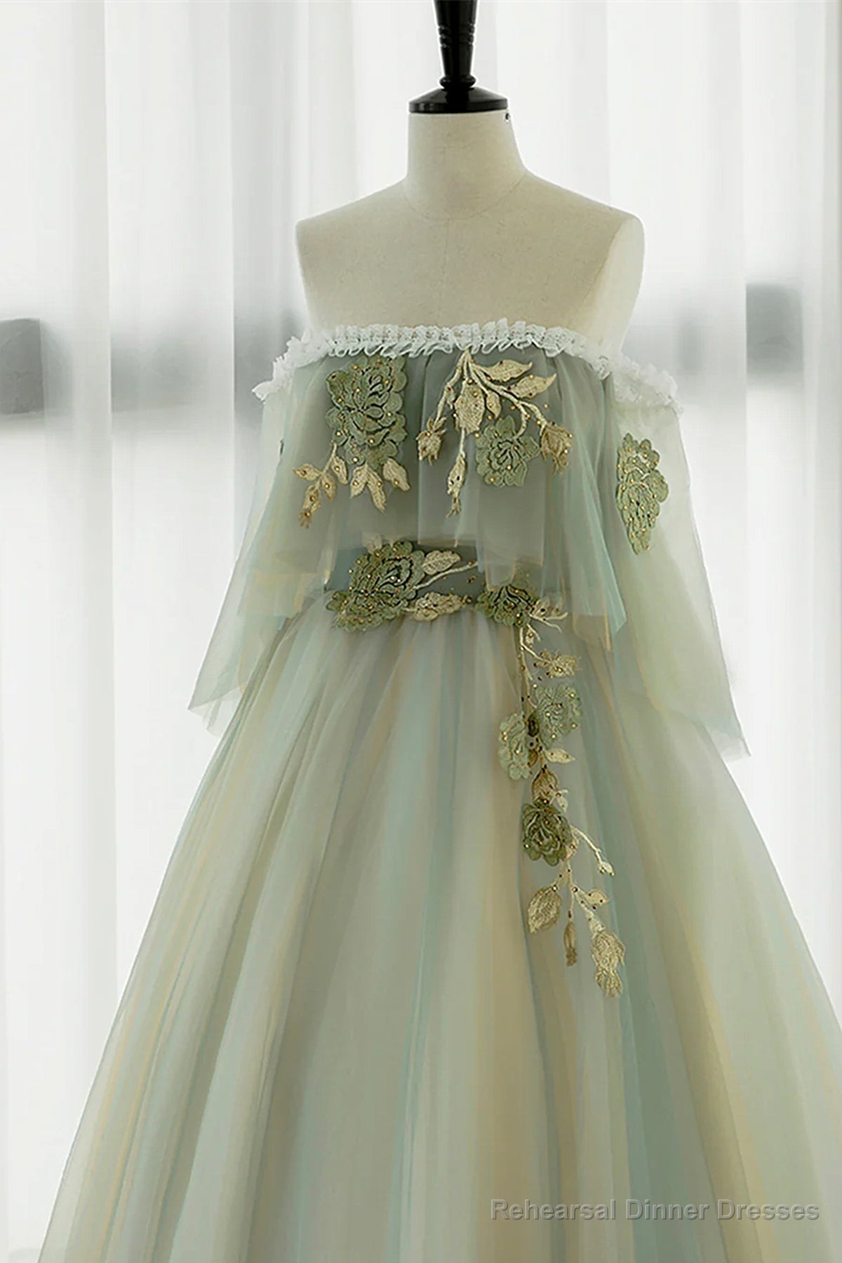 Off the Shoulder Green Lace Floral Prom Dresses, Green Tulle Floral Long Formal Evening Dresses Secondary image