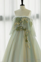 Off the Shoulder Green Lace Floral Prom Dresses, Green Tulle Floral Long Formal Evening Dresses