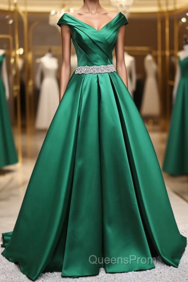 Off the Shoulder Green Long Evening Prom Dress with Corset Back, Off Shoulder Long Green Formal Evening Dress Main image