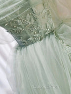 Off The Shoulder Green Tulle Long Evening Prom Dress, Green Long Formal Evening Dress