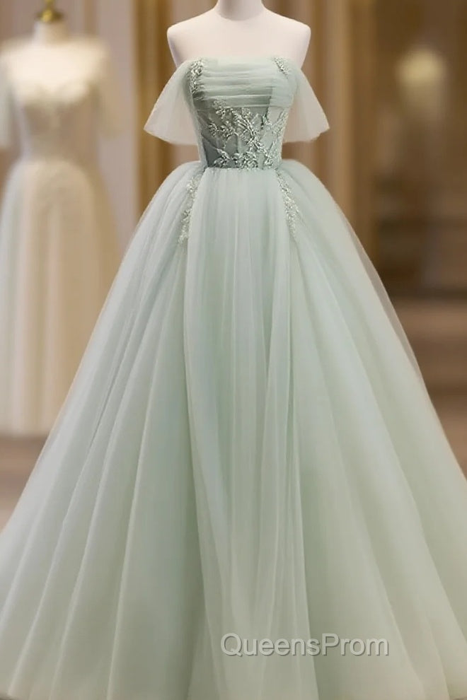Off The Shoulder Green Tulle Long Evening Prom Dress, Green Long Formal Evening Dress Main image