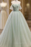 Off The Shoulder Green Tulle Long Evening Prom Dress, Green Long Formal Evening Dress