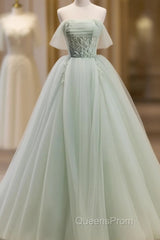 Off The Shoulder Green Tulle Long Evening Prom Dress, Green Long Formal Evening Dress