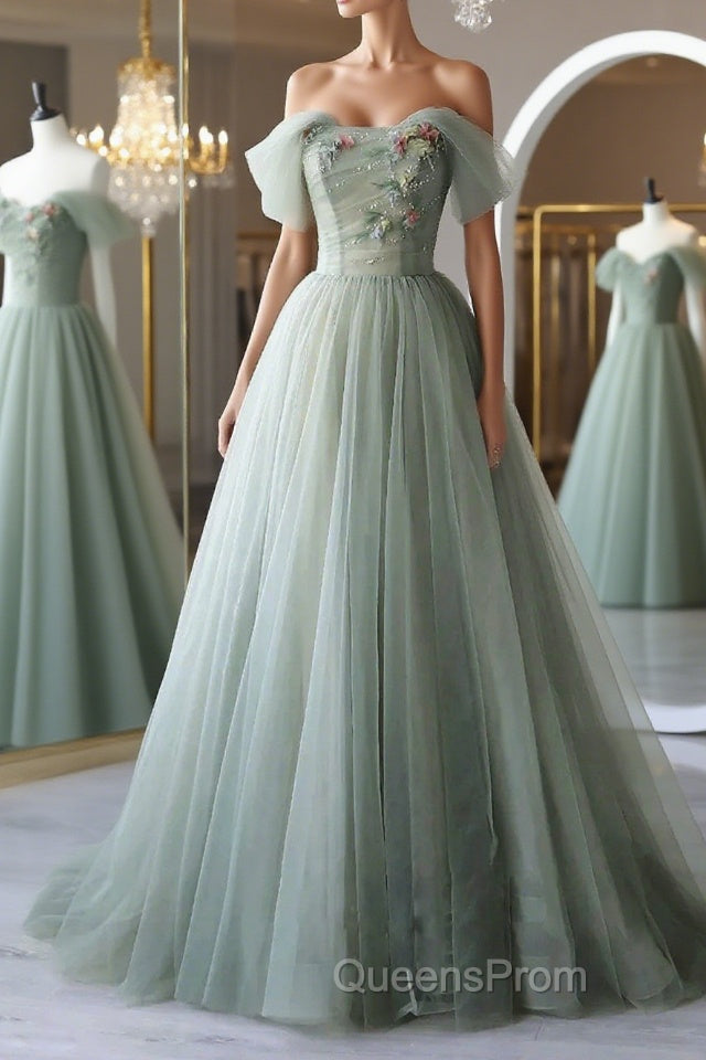 Off the Shoulder Green Tulle Long Evening Prom Dress, Green Tulle Off Shoulder Formal Evening Dress Main image