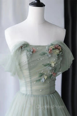 Off the Shoulder Green Tulle Long Evening Prom Dress, Green Tulle Off Shoulder Formal Evening Dress