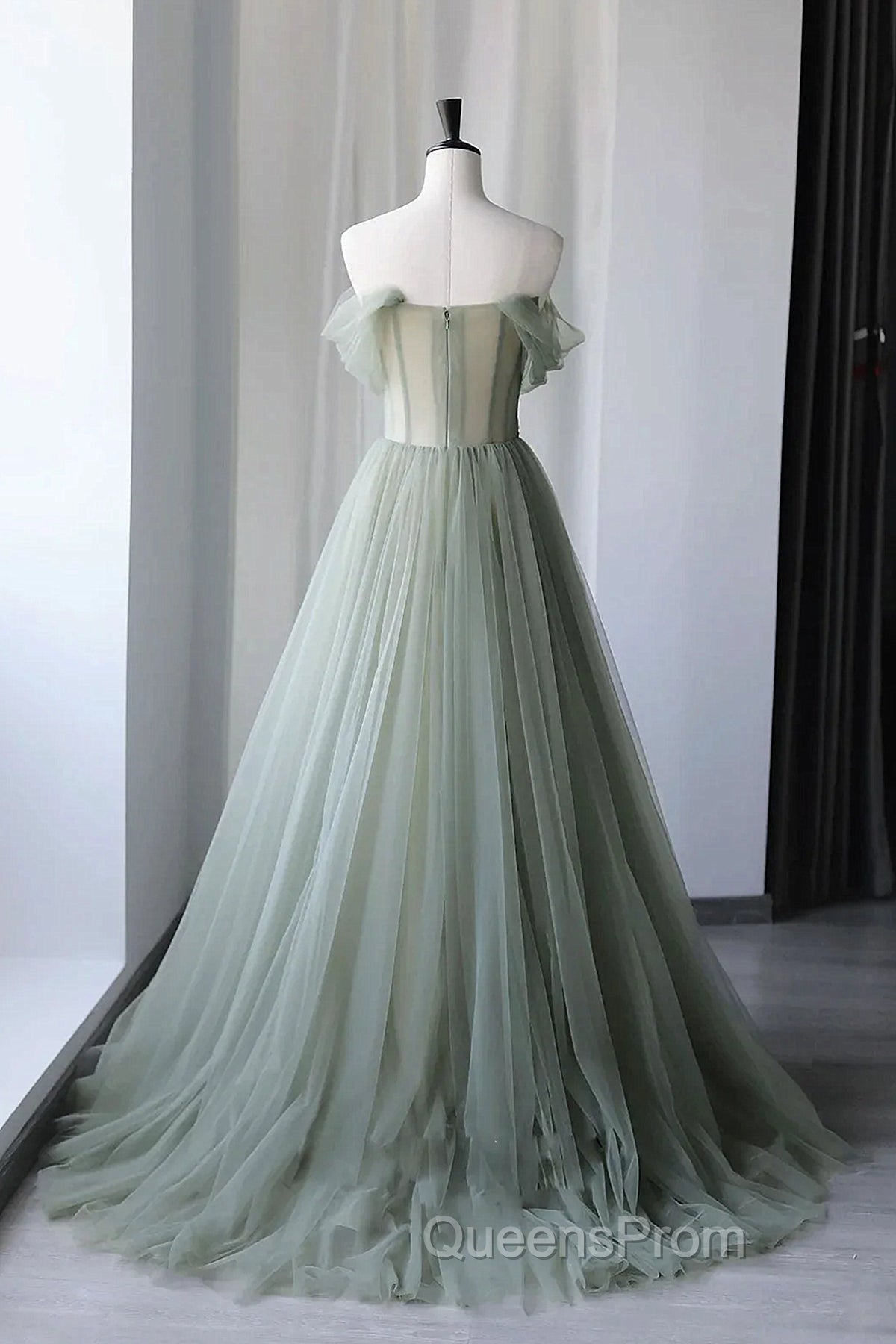 Off the Shoulder Green Tulle Long Evening Prom Dress, Green Tulle Off Shoulder Formal Evening Dress