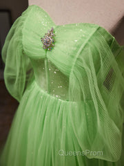 Off The Shoulder Green Tulle Long Evening Prom Dress, Off Shoulder Green Long Formal Graduation Dress