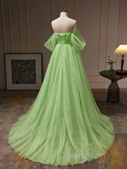 Off The Shoulder Green Tulle Long Evening Prom Dress, Off Shoulder Green Long Formal Graduation Dress