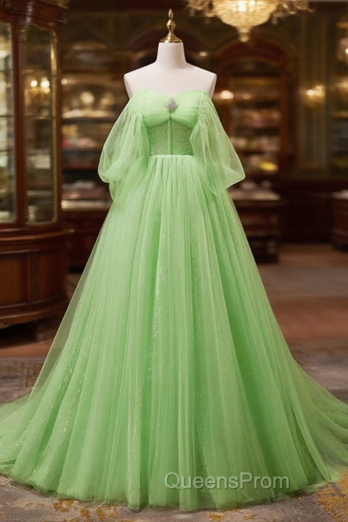 Off The Shoulder Green Tulle Long Evening Prom Dress, Off Shoulder Green Long Formal Graduation Dress Main image