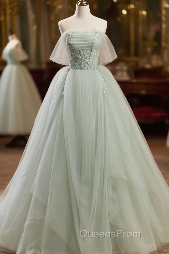 Off The Shoulder Green Tulle Long Evening Prom Dress Main image