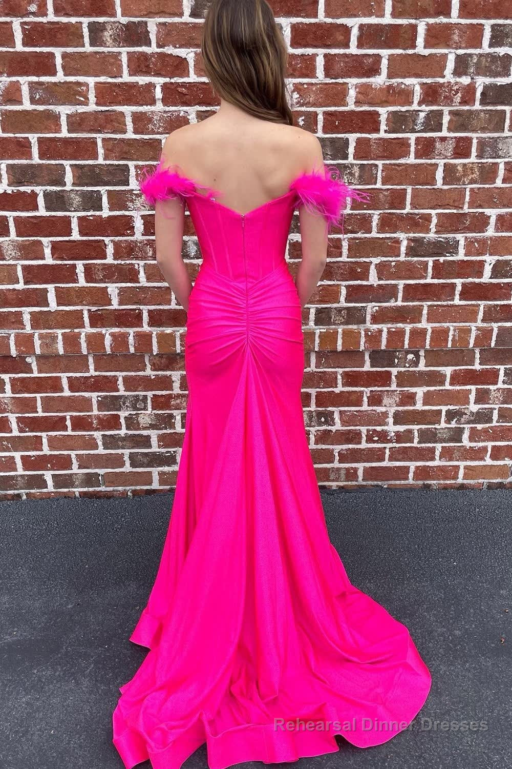 Off The Shoulder Hot Pink Mermaid Long Prom Dress with Feathers Secondary image