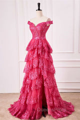 Off The Shoulder Hot Pink Sequin Tiered Evening Prom Dress With Slit