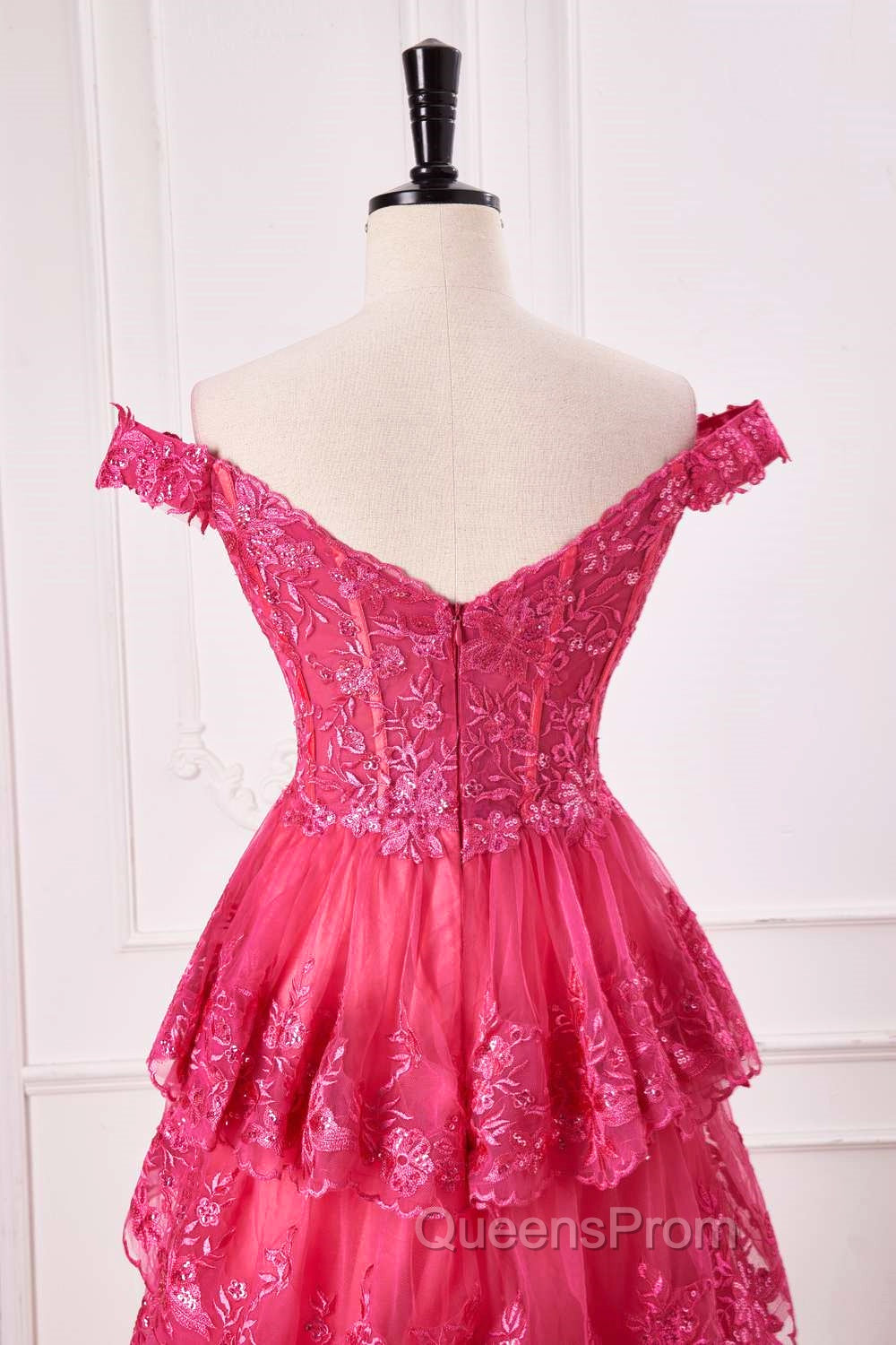 Off The Shoulder Hot Pink Sequin Tiered Evening Prom Dress With Slit