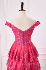 Off The Shoulder Hot Pink Sequin Tiered Evening Prom Dress With Slit
