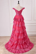 Off The Shoulder Hot Pink Sequin Tiered Evening Prom Dress With Slit