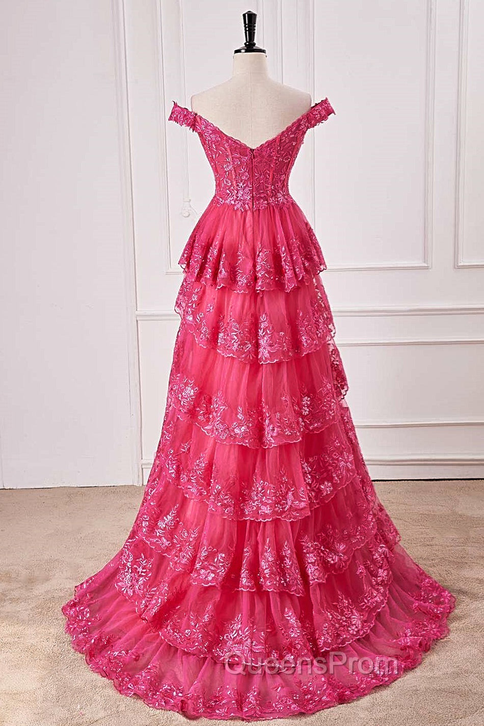 Off The Shoulder Hot Pink Sequin Tiered Evening Prom Dress With Slit
