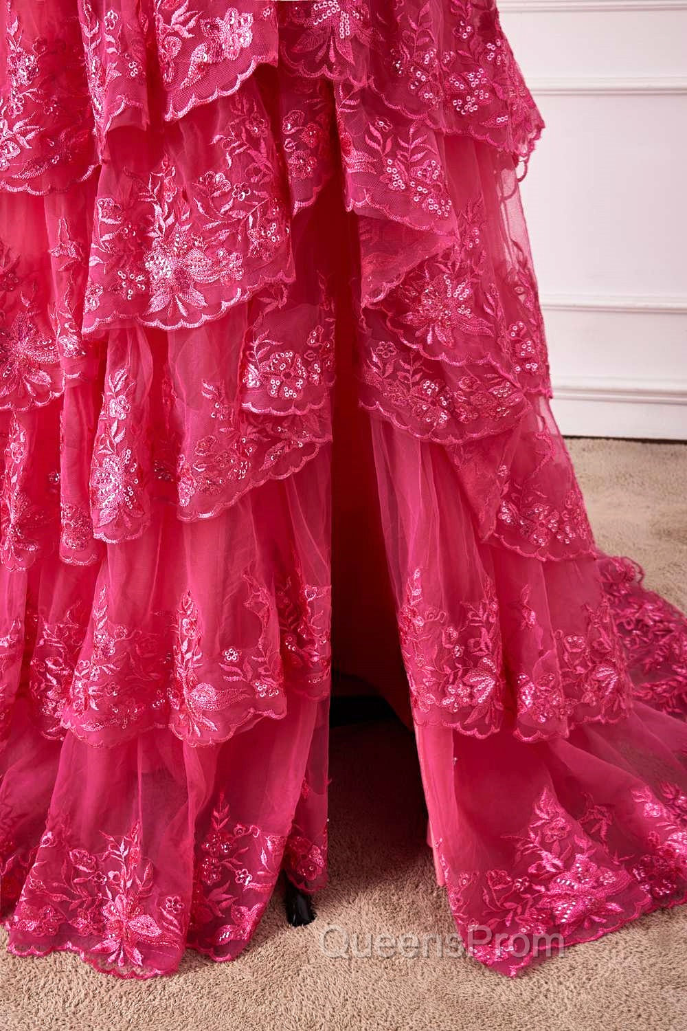 Off The Shoulder Hot Pink Sequin Tiered Evening Prom Dress With Slit
