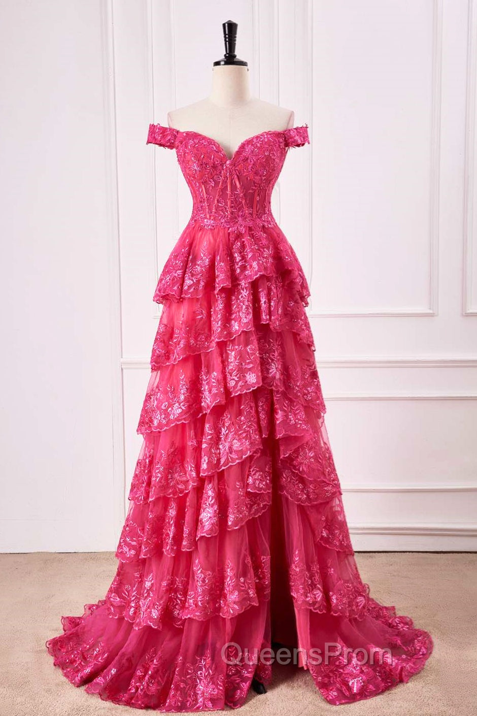 Off The Shoulder Hot Pink Sequin Tiered Evening Prom Dress With Slit