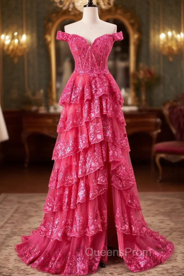 Off The Shoulder Hot Pink Sequin Tiered Evening Prom Dress With Slit Main image
