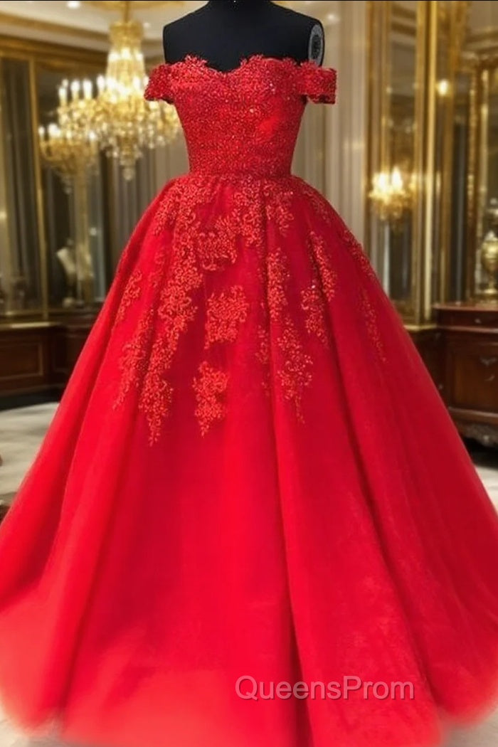 Off The Shoulder Lace Red Evening Prom Dress A Line Sequin Evening Gowns Main image