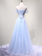 Off the Shoulder Light Blue Floral Long Prom Dresses, Off Shoulder Light Blue Formal Evening Dresses
