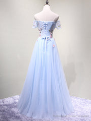 Off the Shoulder Light Blue Floral Long Prom Dresses, Off Shoulder Light Blue Formal Evening Dresses