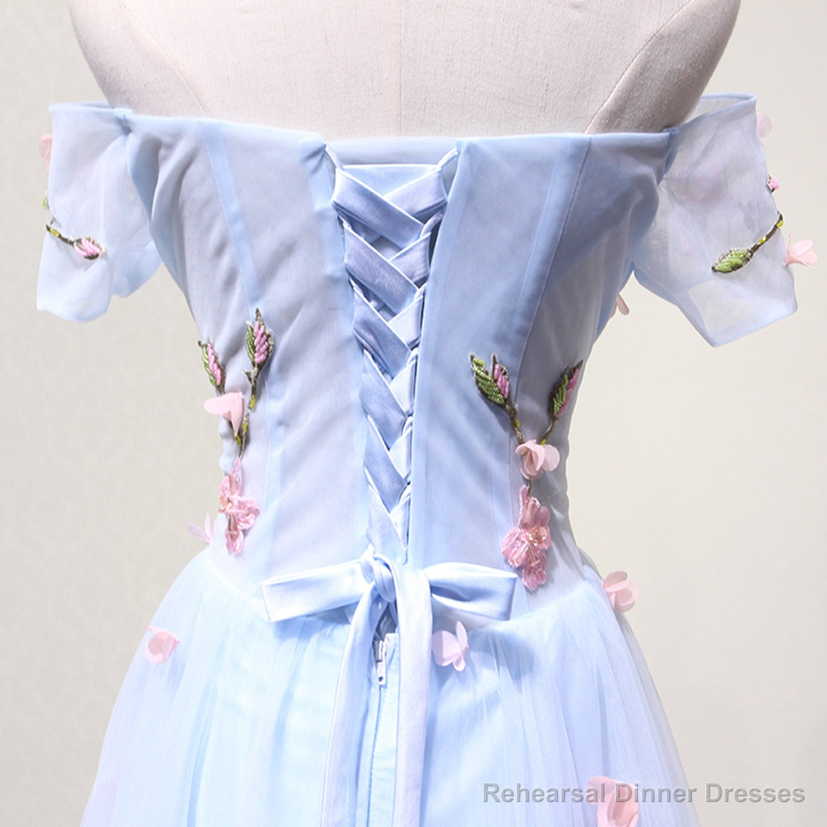 Off the Shoulder Light Blue Floral Long Prom Dresses, Off Shoulder Light Blue Formal Evening Dresses