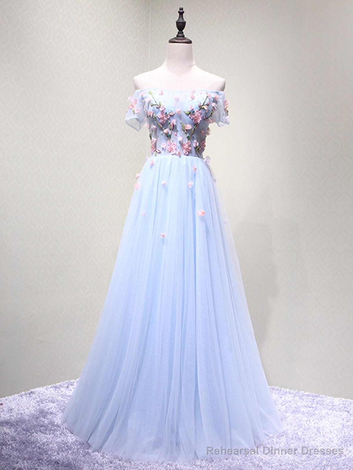 Off the Shoulder Light Blue Floral Long Prom Dresses, Off Shoulder Light Blue Formal Evening Dresses Secondary image