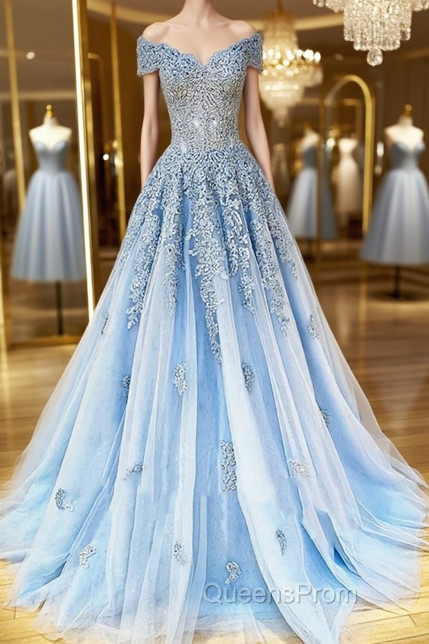 Off the Shoulder Light Blue Lace Evening Prom Dress, Off the Shoulder Blue Lace Formal Evening Dress Main image