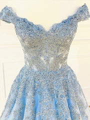 Off the Shoulder Light Blue Lace Evening Prom Dress, Off the Shoulder Blue Lace Formal Evening Dress