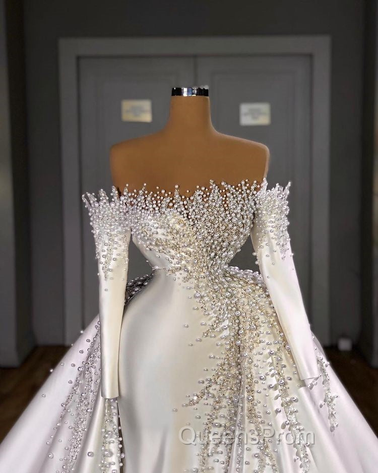 Off-the-Shoulder Long Sleeves Mermaid Wedding Dress Pearls With Detachable Train Secondary image