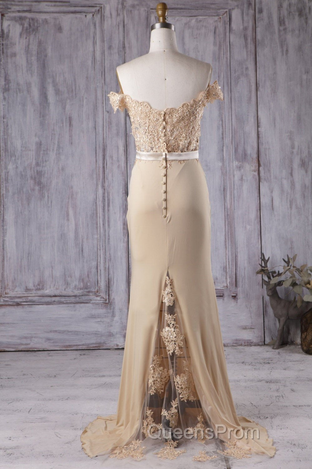 Off the Shoulder Mermaid Champagne Lace Long Evening Prom Dress, Off Shoulder Mermaid Champagne Formal Graduation Evening Dress, Mermaid Champagne Lace Bridesmaid Dress Secondary image