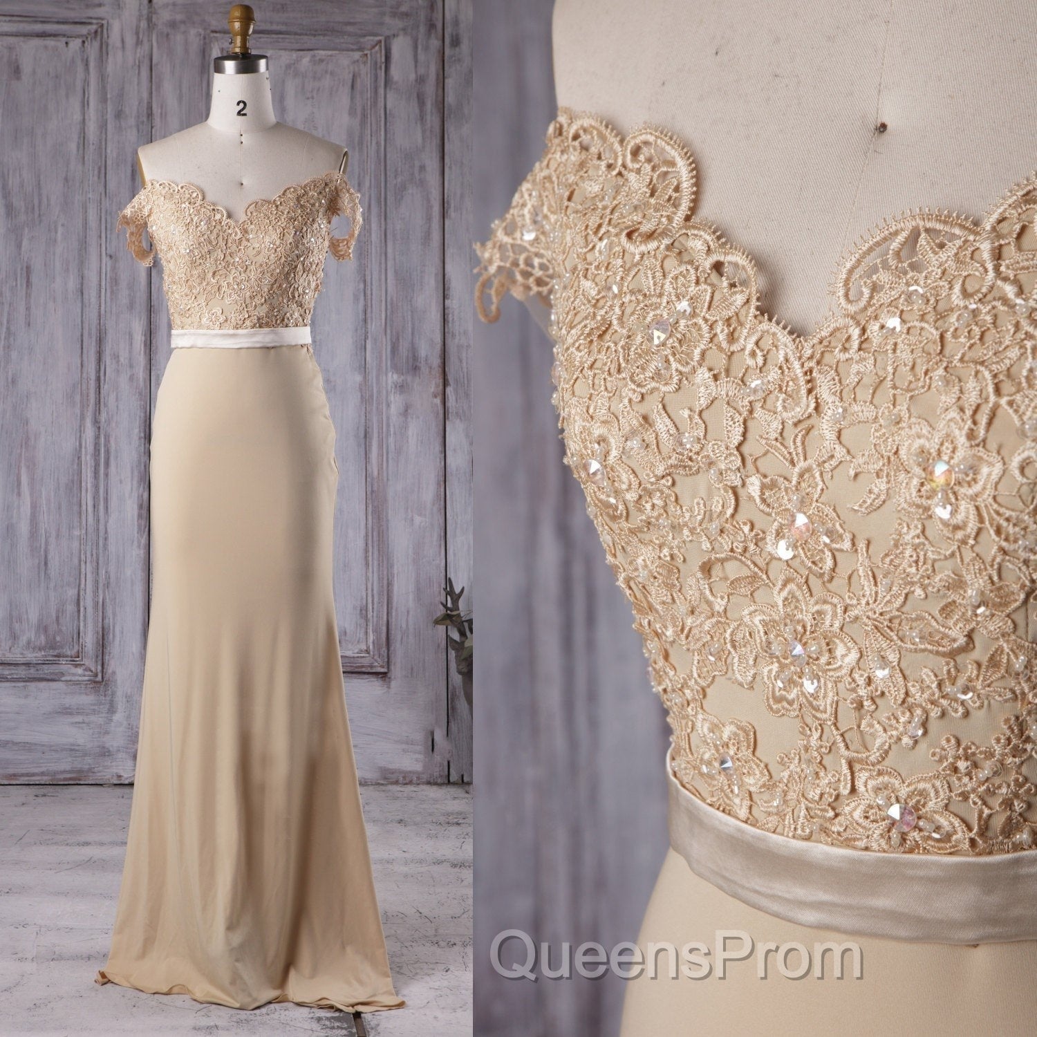 Off the Shoulder Mermaid Champagne Lace Long Evening Prom Dress, Off Shoulder Mermaid Champagne Formal Graduation Evening Dress, Mermaid Champagne Lace Bridesmaid Dress