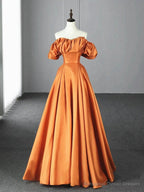 Off the Shoulder Orange Satin Long Prom Dresses, Orange Long Satin Formal Evening Dresses